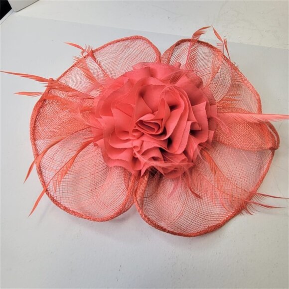 Coral Pink Fascinator Floral Rosette and Coral Feathers - Picture 7 of 10